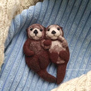 Sea Otters Holding hands felted brooch Felt animal Needle Felting Jewelry Needle Felted Brooch Sea Otter birthday gift Felt Brooch Love image 10