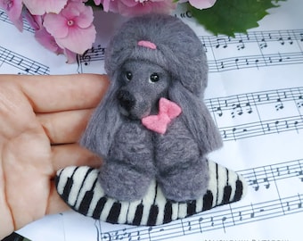 Grey Poodle with piano Felted Brooch Poodle Dog Pet Portrait Needle Felted Brooch Puppy Felt wool Poodle Dog Felt animal birthday gift