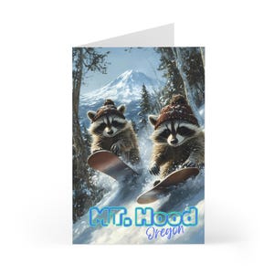 Grußkarten, Zwei Waschbären Snowboarding, Mt. Hood Hood, Briefpapier-Set, Blanko-Grußkarten, Ski fahren, Snowboard