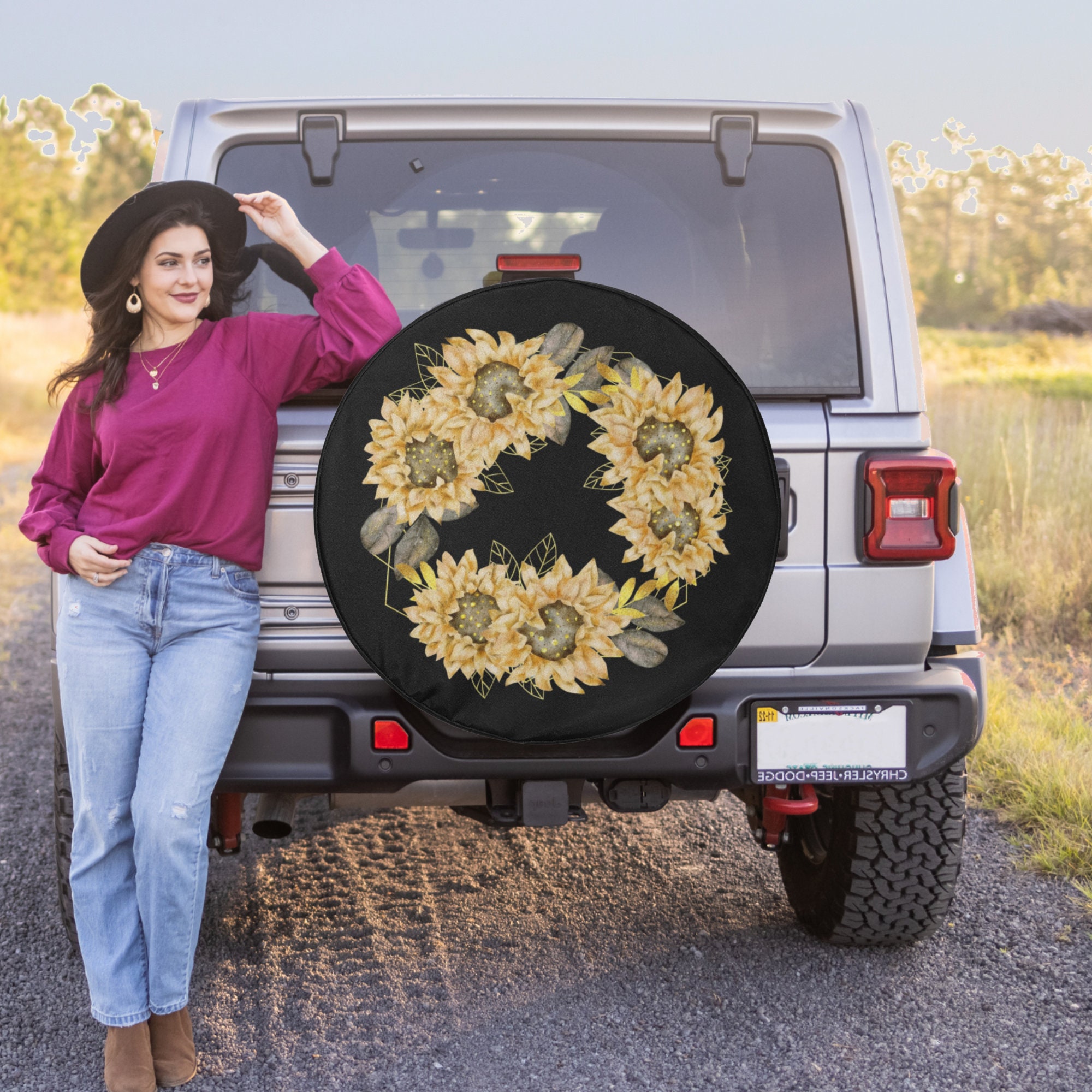 Yellow Sunflower Wreath Spare Jeep Tire Cover For Women Backup Camera