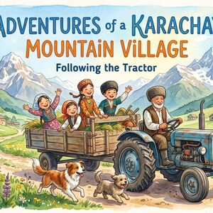 Könnte beinhalten: Eine Aquarellillustration mit dem Titel Adventures of a Karachay Mountain Village: Following the Tractor, die eine ältere Person auf einem blauen Traktor zeigt, der einen Holzanhänger mit drei Kindern zieht, begleitet von zwei Hunden in einer Berglandschaft.