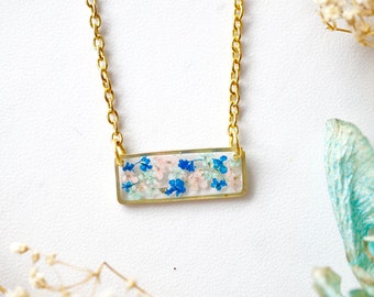 Real Pressed Flowers and Resin Necklace, Gold Bar in Pink Mint Blue