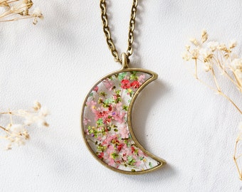 Real Pressed Flower and Resin Celestial Moon Necklace in Greens and Pinks Mix