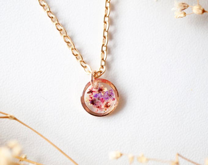 Real Pressed Flowers in Resin Necklace, Small Rose Gold Circle in Pinks and Purple