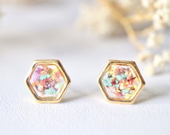 Real Pressed Flowers and Resin Hexagon Gold Stud Earrings in Pastel Mix