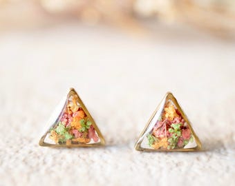 Real Pressed Flowers and Resin Triangle Stud Earrings in Pink, Orange, Green