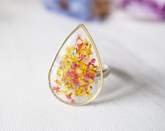 Real Pressed Flower and Resin Ring in Reds and Yellows Mix