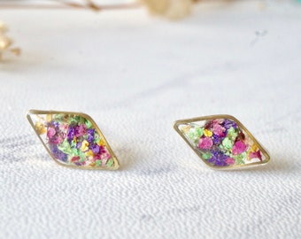Real Pressed Flowers and Resin Diamond Stud Earrings in Purple Pink Green Yellow Mix