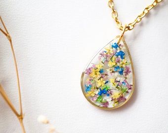 Real Pressed Flowers and Resin Necklace, Gold Teardrop in Purple Yellow White Blue Green