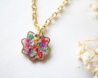 Real Pressed Flowers and Resin Necklace, Tiny Gold Flower in Party Mix