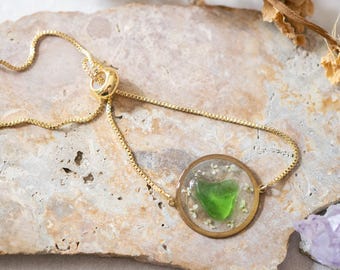 Real Pressed Flowers and Resin Adjustable Bracelet, Gold Sea Glass Bracelet, Dried Flowers, Floral Bracelet, Gifts for Her