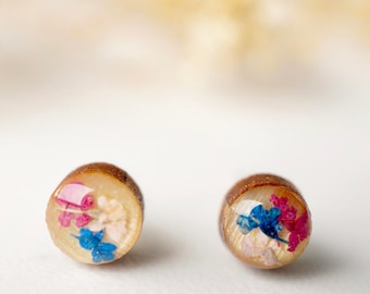 Real Pressed Flowers and Resin on Wood Stud Earrings in Pink and Blue