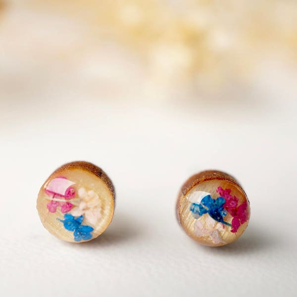 Real Pressed Flowers and Resin on Wood Stud Earrings in Pink and Blue