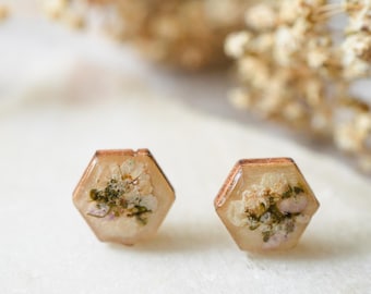 Real Pressed Flowers and Resin on Wood Stud Earrings in Blue