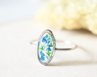 Real Pressed Flower and Resin Ring, Oval Silver Band in Blue Teal Green