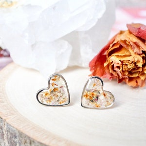 Real Pressed Flowers and Resin Stud Earrings, Silver Hearts in Orange and Pale Lavender