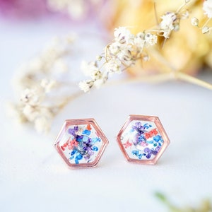 Real Pressed Flowers and Resin, Rose Gold Hexagon Stud Earrings, in Purple Pink Blue