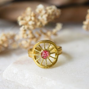 Bague en résine et fleur pressée véritable, bague en or avec étoile rose