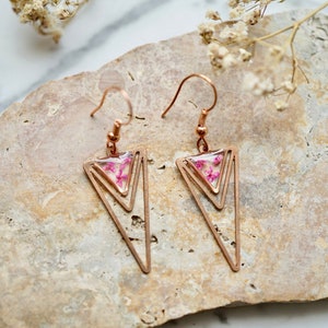 Real Pressed Flowers Earrings, Triangle Drops in Pink