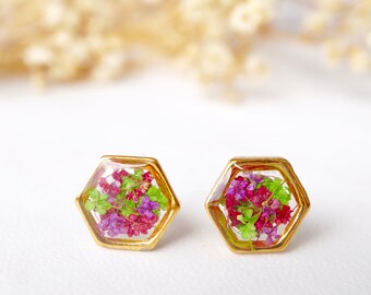 Real Pressed Flowers and Resin Stud Earrings, Gold Hexagon in Red Purple Green