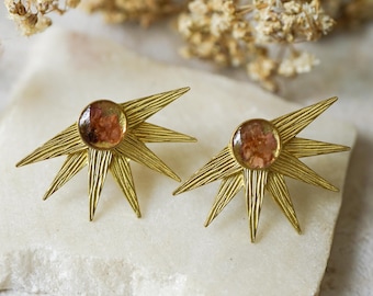 Real Pressed Flowers and Resin Stud Earrings, Silver Boho Teardrops with Teal Flowers