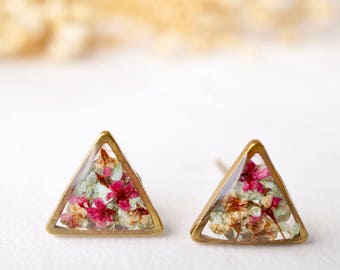 Real Pressed Flowers and Resin Triangle Stud Earrings in Baby Blue Magenta White