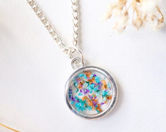 Real Pressed Flowers in Resin Necklace, Small Silver Circle in Orange Purple Blue