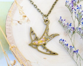 Real Pressed Flowers in Resin, Bronze Bird Necklace in Yellow and Light Pink