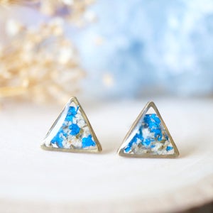 Real Pressed Flowers and Resin Triangle Stud Earrings in White and Cobalt Blue image 1