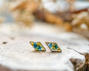 Real Pressed Flowers and Resin Stud Earrings, Tiny Gold Diamonds in Green Blue Yellow