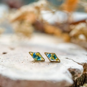 Real Pressed Flowers and Resin Stud Earrings, Tiny Gold Diamonds in Green Blue Yellow