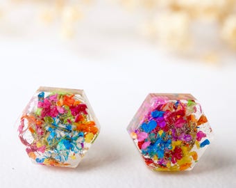 Real Pressed Flowers and Resin Hexagon Stud Earrings in Party Mix