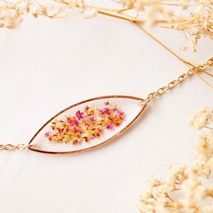Real Pressed Flowers and Resin Bracelet, Rose Gold in Red Orange Yellow Mix
