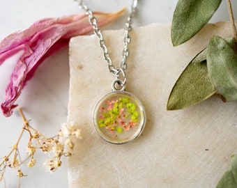 Real Pressed Flowers in Resin Necklace, Silver Circle with Lime Green and Peach Flowers