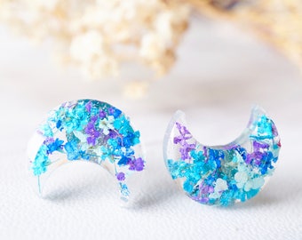 Real Pressed Flowers and Celestial Resin Moon Stud Earrings in Purple Blue Teal Mint