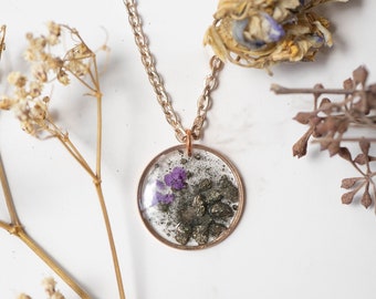 Real Pressed Flowers in Resin, Rose Gold Necklace with Purple Alyssum and Pyrite