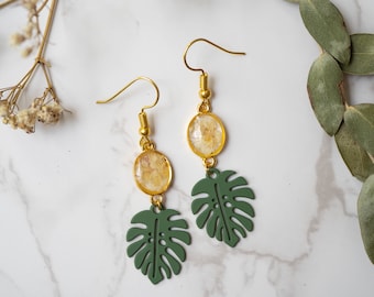 Real Pressed Flowers Earrings, Gold Ovals and Green Palm Leaf