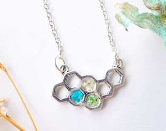 Real Pressed Flowers in Honeycomb Resin Necklace in Teal White Green