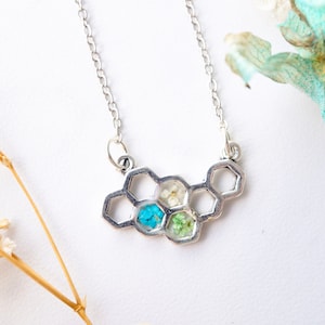 Real Pressed Flowers in Honeycomb Resin Necklace in Teal White Green image 1