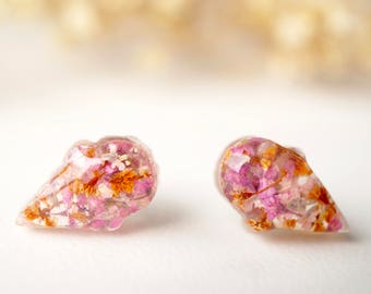 Real Pressed Flowers and Resin Ice Cream Cone Earrings in Pinks and Orange