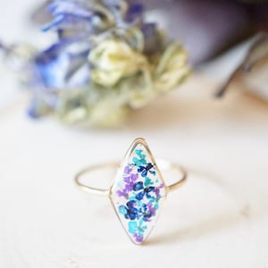 Real Pressed Flower and Resin Ring, Diamond Gold Band in Blue Teal Purple