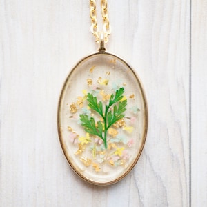 Real Pressed Flowers in Resin, Gold Oval Necklace in Orange Mint Light Pink