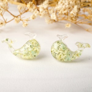 Echte geperste bloemen en hars whale stud oorbellen in geel en mint