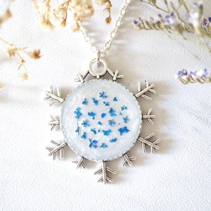 Real Pressed Flowers in Resin, Silver Snowflake Necklace