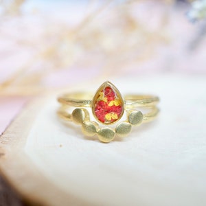 Real Pressed Flower and Resin Ring, Gold Teardrop in Red and Yellow image 1