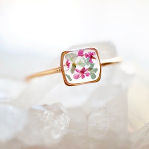 Real Pressed Flower and Resin Ring, Gold Band in Mint and Pink