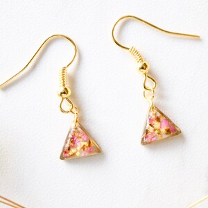 Real Pressed Flowers and Resin Earrings, Gold Triangle Drops in Pink and Yellow