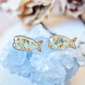 Real Pressed Flowers and Resin, Fish Stud Earrings in Yellow and White image 5