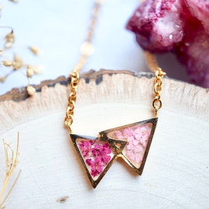 Real Pressed Flowers in Resin, Gold Triangles in Magenta and Light Pink