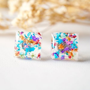 Real Pressed Flowers and Resin Square Stud Earrings in Party Mix image 1